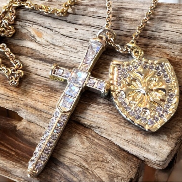 Sparkling Gold Toned Cross Sword Necklace with Shield DND Paladin - Picture 15 of 17